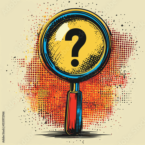 Trendy Halftone Collage Magnifying glass and speech bubble messages with question mark