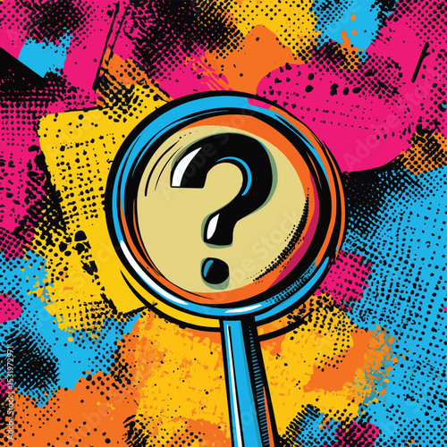 Trendy Halftone Collage Magnifying glass and speech bubble messages with question mark