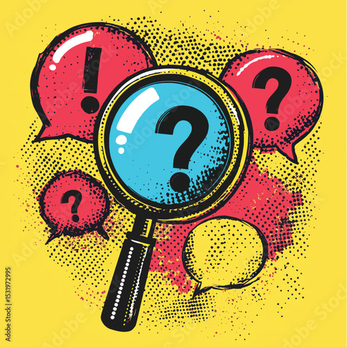 Trendy Halftone Collage Magnifying glass and speech bubble messages with question mark