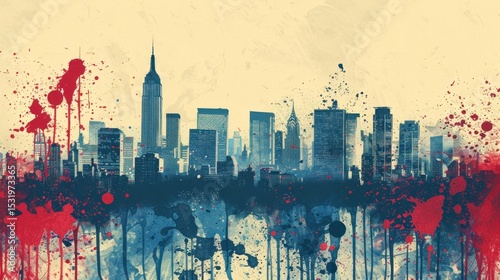 Abstract cityscape illustration with vibrant color splashes and modern feel