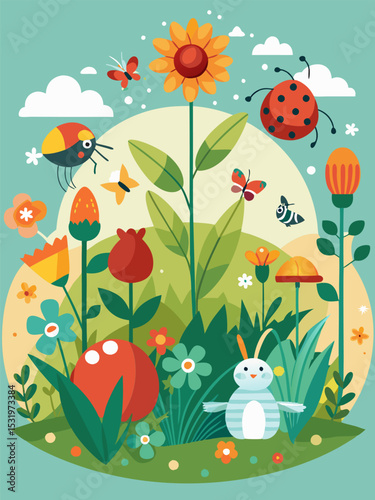 Springtime Garden Illustration with Cute Bunny and Insects