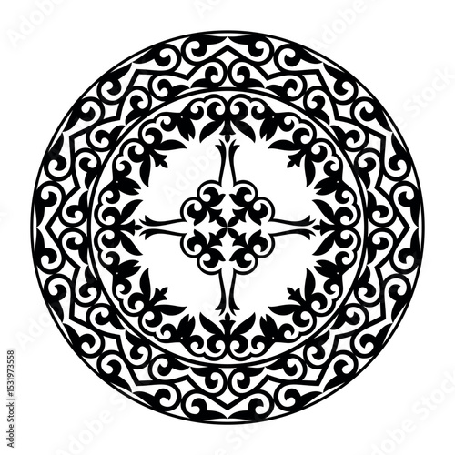 Black and white ethnic patterned plate. Geometric circle element for design. Gold Kazakh ornament. Element of the national pattern of the ancient nomads. For decoration of clothes, yurts, ceramics