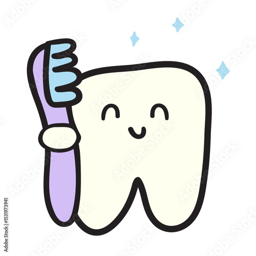 Tooth character with toothbrush. Vector illustration. Children design on white background.