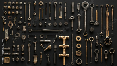 Arrangement of varied vintage automotive tools showcases worn metal