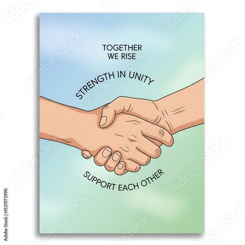 Handshake, unity, and collaboration are powerfully portrayed through two clasped hands surrounded by uplifting phrases.