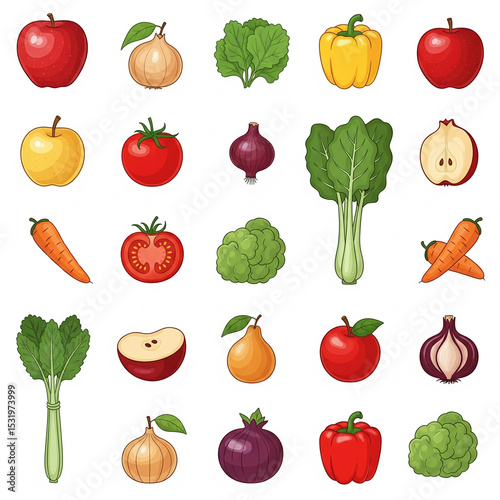 Apple, pear, and carrot illustrations are brightly colored and arranged neatly in a playful grid pattern.