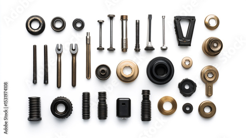 Assortment of automotive workshop equipment parts arranged on white