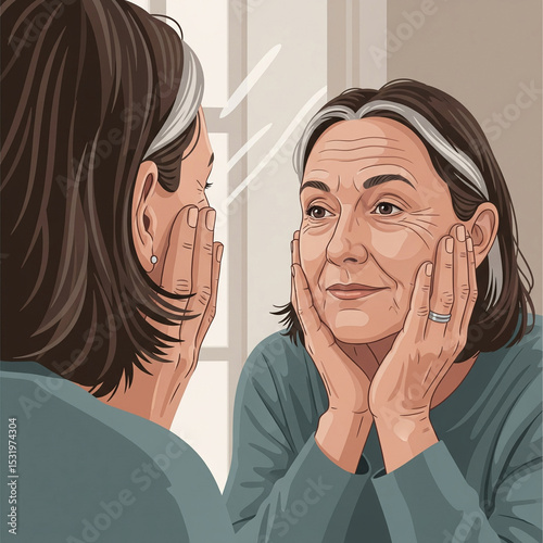 A woman sits before a mirror, her reflection revealing thoughtful introspection and quiet self-awareness.