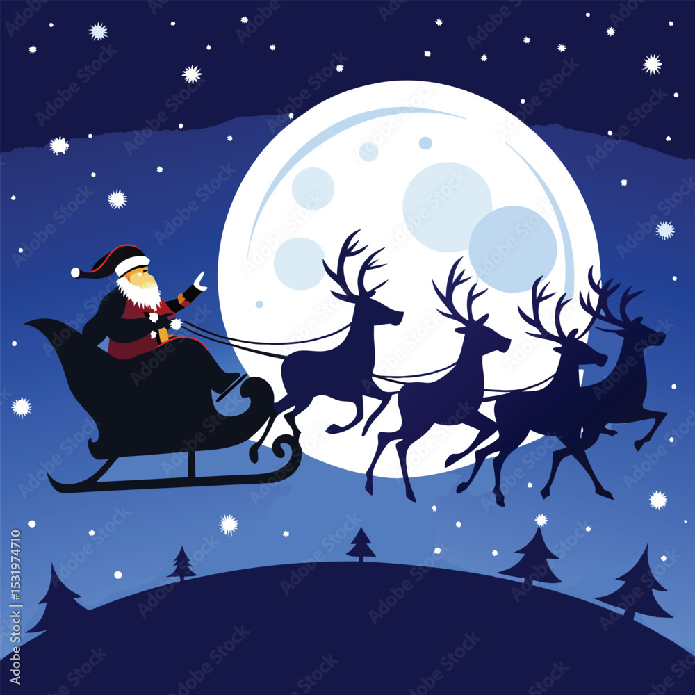 Naklejka premium Black Silhouette of Santa Claus Riding in a Vehicle