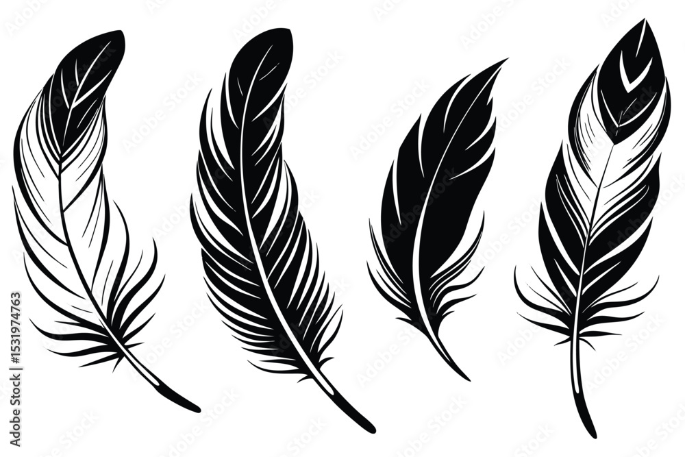 Obraz premium Elegant Feather Designs Four Unique Black and White Illustrations