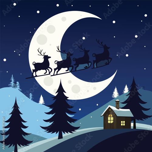 Black silhouette of Santa Claus in his sleigh