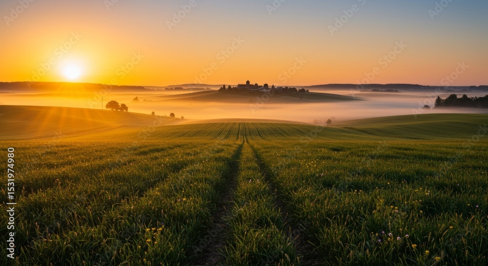 Fototapeta premium Sunrise Over Foggy Field