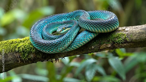 A vibrant green snake resting on a moss-covered branch in a lush tropical forest
