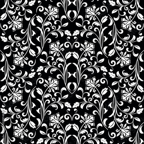 Flower pattern. Seamless white and black ornament. Graphic vector background.