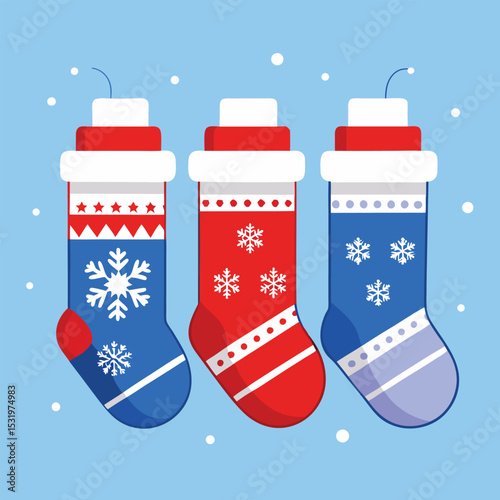 Three Knitted Christmas Stockings One Blue