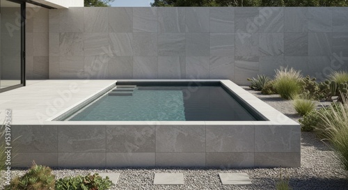 Modern Minimalist Pool Design with Grey Stone and Teal Water