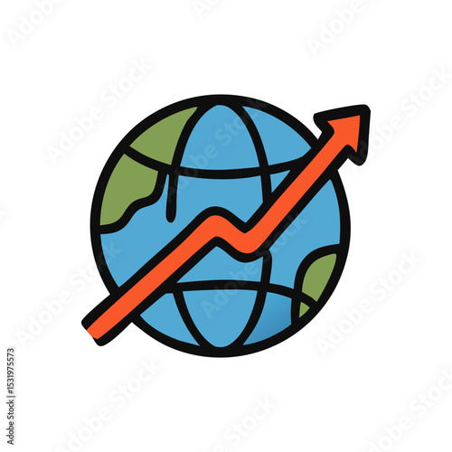 Global Growth Icon: An upward-trending arrow pierces a stylized globe, symbolizing global expansion, progress, and economic growth.