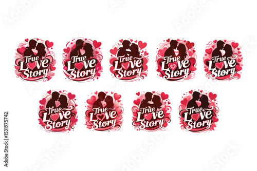 Romantic true love story design featuring silhouette of couple embracing and hearts elements