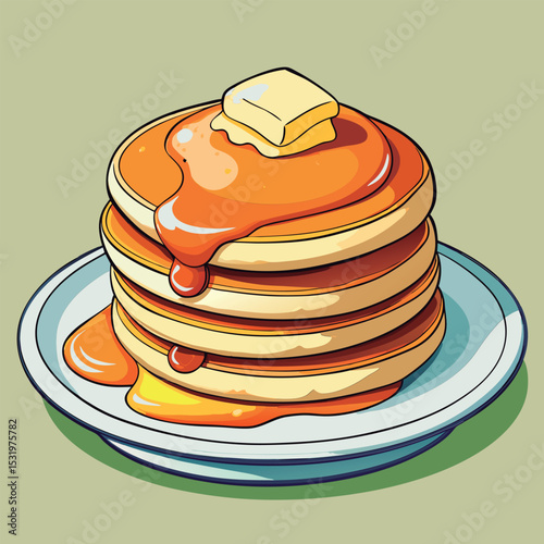A stack of pancakes topped with butter and syrup.