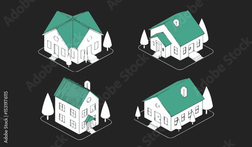 Isometric Green Roof Houses: Eco-Friendly Real Estate & Sustainable Living Icons

