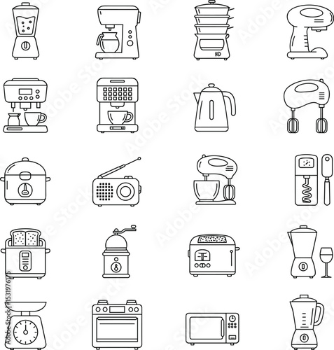 Kitchen appliances and cooking utensils icon set featuring blenders, mixers, coffee machines, toasters, scales, ovens, and microwaves, vector illustration
