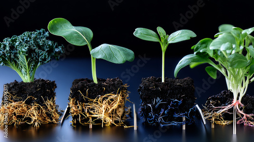 Fertilization and the role of nutrients in plant life. Soil with digital mineral nutrients icon.