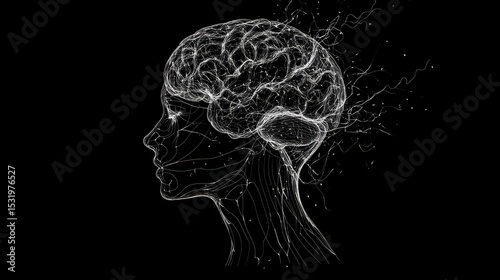 Head silhouette with brain linear illustration depicting human brain structure and neurological pathways, ideal for medical education, mental health concepts, and neuroscience visualizations