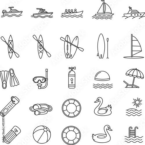Line icons of water sports, beach gear, boats, swimming accessories, and summer activities, isolated vector illustration for vacation and marine design