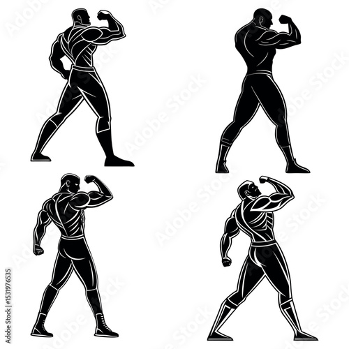 Muscular Male Silhouettes Flexing – Bodybuilder Vector Art Poses