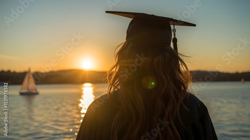 Graduate in cap and gown standing by the water at sunset with a sailboat in the distance ideal for education and achievement themes