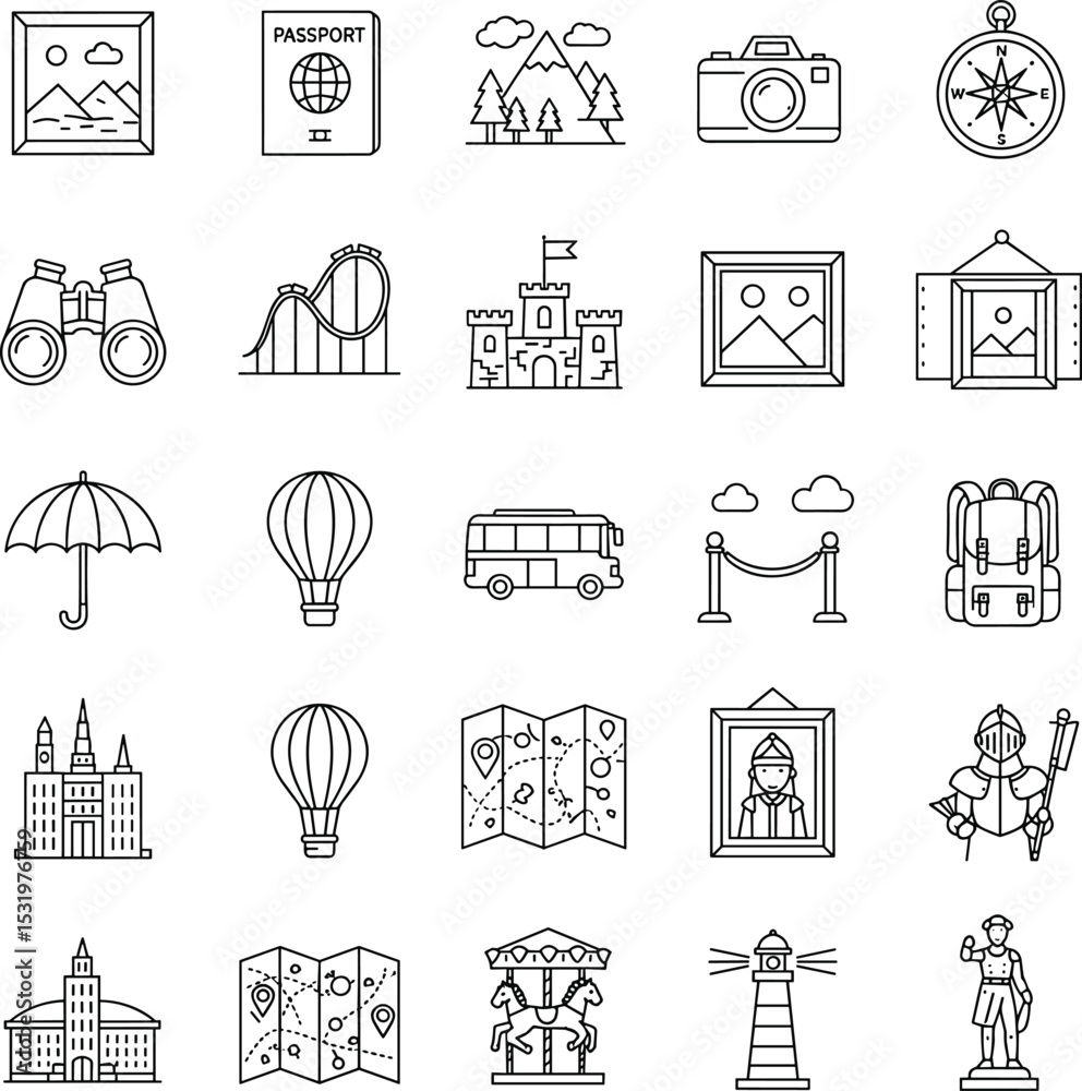 Naklejka premium Travel and tourism line icons set featuring maps, castles, cameras, monuments, landmarks, and adventure gear, isolated vector illustration pack