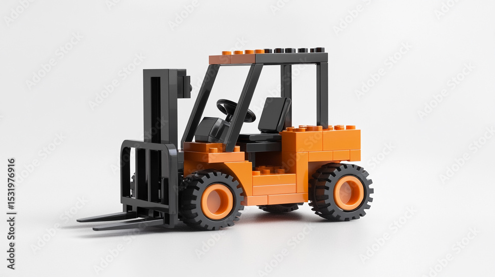 Naklejka premium Orange and black forklift toy made of interlocking plastic bricks,