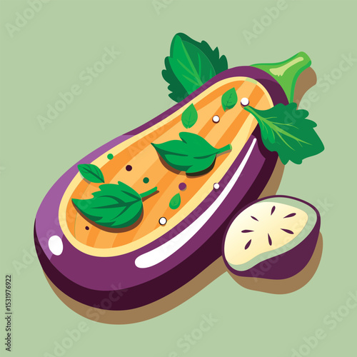 Vector illustration of a Fresh eggplant with herbs.