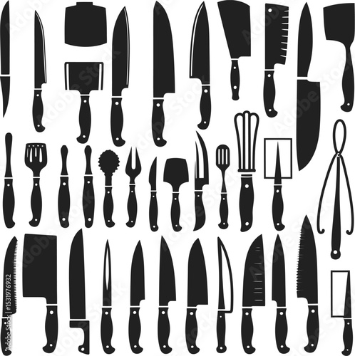 Minimalist Vector Illustration of Various Kitchen Knife Silhouettes