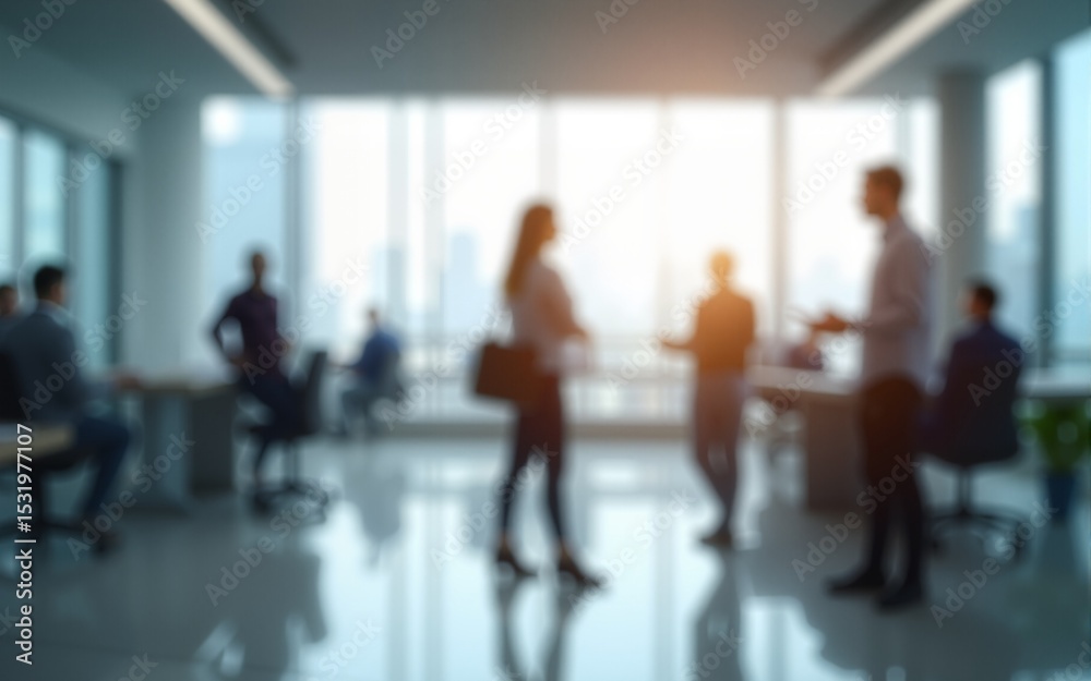 Abstract blurred interior modern office space with business people working banner background with copy space. High quality