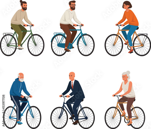 Minimalist Vector Illustration of Stylish Figures Riding Bicycles in an Urban Setting