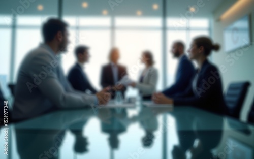 Business meeting in glass room office with blurred people background. High quality