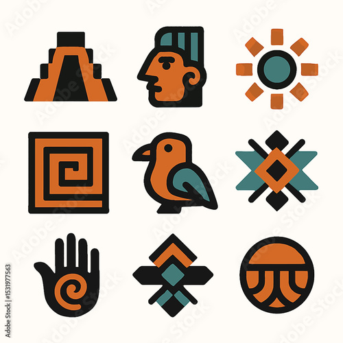 Aztec and Mayan culture icons and symbols representing ancient civilizations art