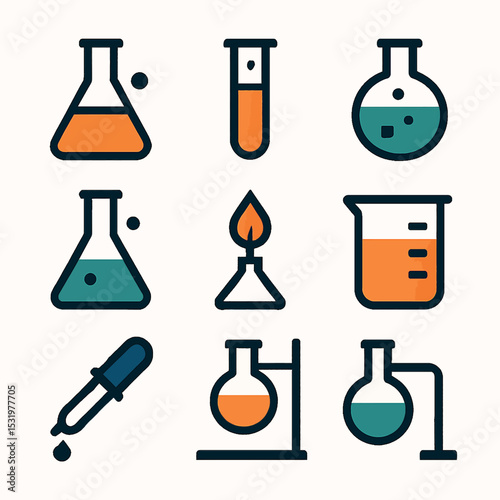 Chemistry equipment icons set with beakers, test tubes and dropper in laboratory concept