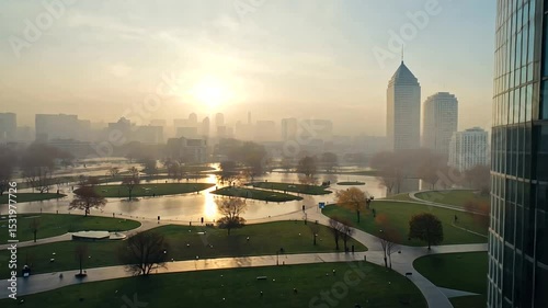 Aerial view of a serene park at sunset, with people walking and a city skyline in the background