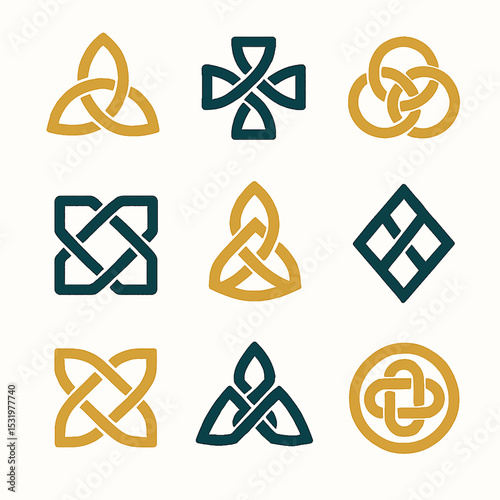 Collection of Celtic knot designs in gold and teal displaying traditional symbols