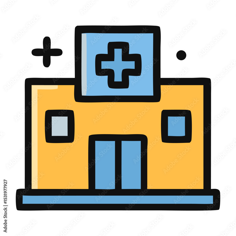 Obraz premium Hospital Icon Illustration: A vibrant yellow and blue vector icon illustration, representing a hospital building with clear signage and clean lines, perfect for medical and healthcare themes.