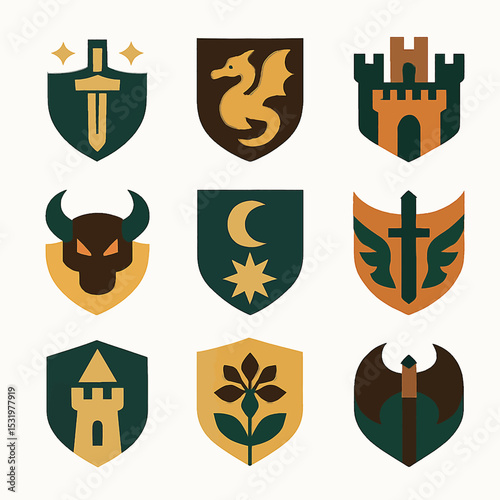 Collection of fantasy heraldic shields with medieval symbols and emblems vector