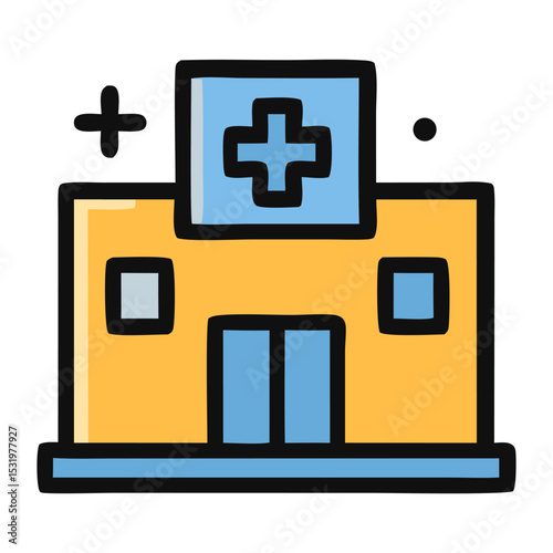 Hospital Icon Illustration: A vibrant yellow and blue vector icon illustration, representing a hospital building with clear signage and clean lines, perfect for medical and healthcare themes.