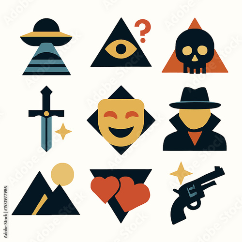 Collection of flat design icons representing mystery, fantasy and intrigue elements