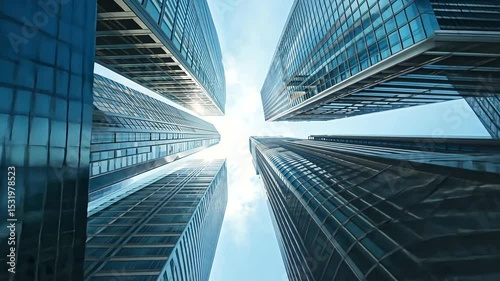 Aerial view of towering skyscrapers reaching towards a bright sky in an urban environment