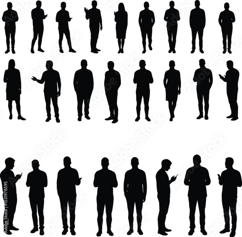 Silhouette collection of diverse people using smartphones, standing and gesturing in various casual poses, isolated on white background