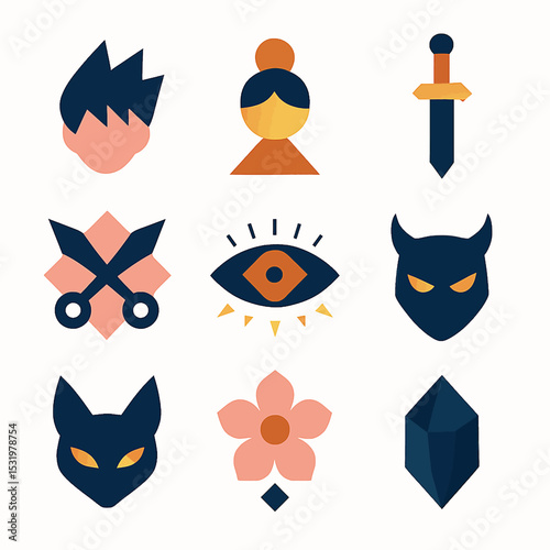 Collection of mystical symbols and icons featuring a sword, eye, flower, and other elements