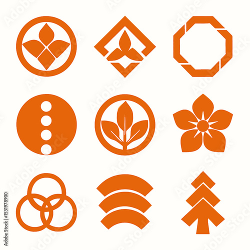 Collection of nine orange Japanese family crests or kamon designs on a white background