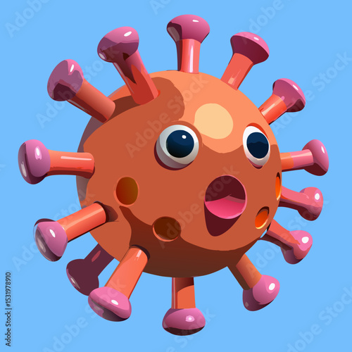 Ultra HD 3D render of a realistic influenza virus model on light blue background with copy space, scientific accuracy, soft shadows

